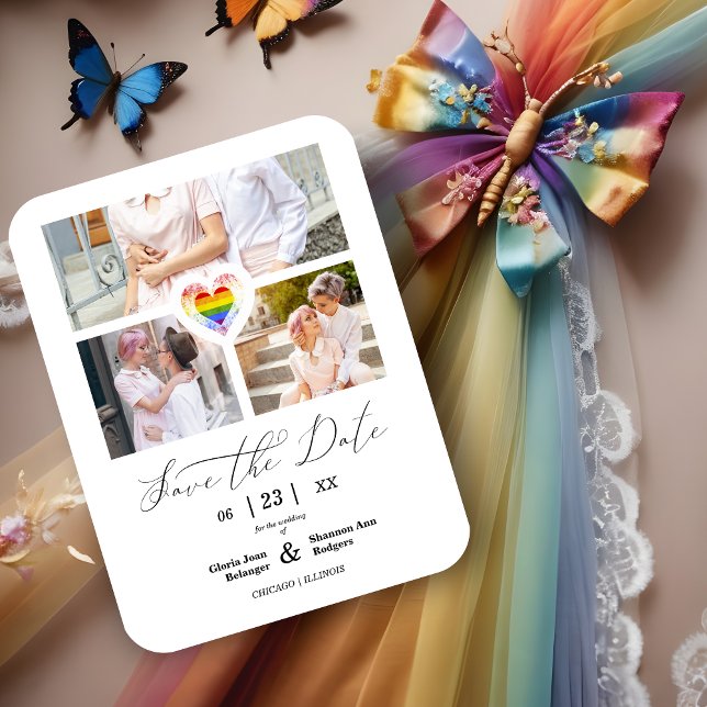 Niedlicher Rainbow Heart Lesbian Gay 3 Fotos Magnet (Cute Pride Rainbow Heart Lesbian Gay 3 Photos Collage Save the Date Magnet Card.)