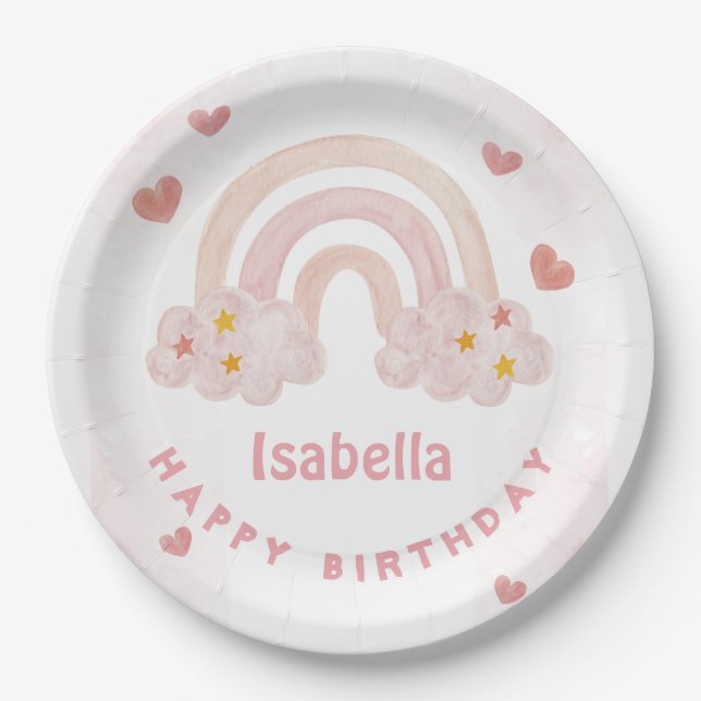 Niedlicher Rainbow Individuelle Name Happy Birthda Pappteller (Vorderseite)
