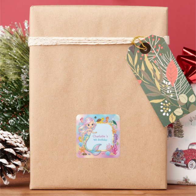 Niedlicher Rainbow-Meerjungfisch Seepferd Stern Ge Quadratischer Aufkleber (Feiertag)