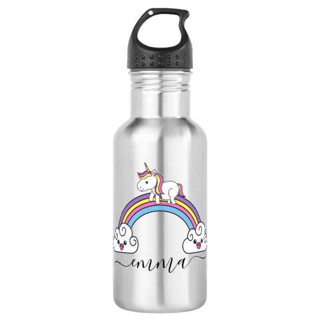 Niedlicher Rainbow Unicorn Personalisierter Name Edelstahlflasche (Vorderseite)