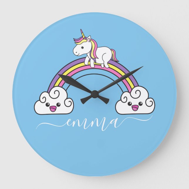 Niedlicher Rainbow Unicorn Personalisierter Name Große Wanduhr (Vorderseite)