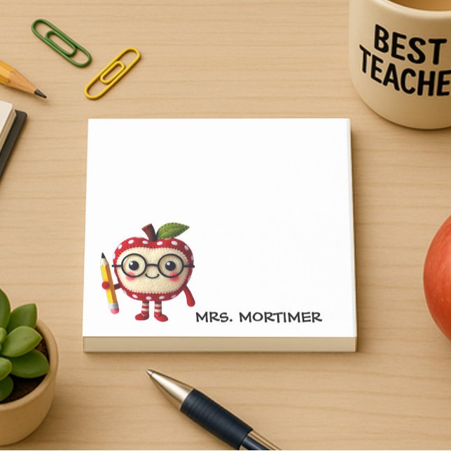 Niedlicher Red Apple Holding Yellow Pencil Lehrer  Post-it Klebezettel (3 x 3 sticky notes for teachers with a cute apple character holding a pencil. personalize with a nam)