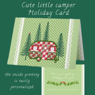Niedlicher Red Checked Camper Trailer und Pine Tre Feiertagskarte