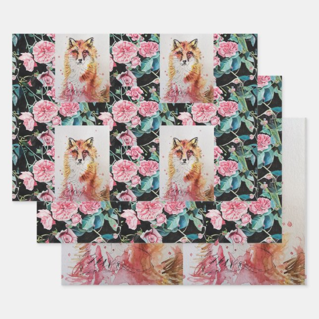 Niedlicher Red Fox Aquarell Rose Walland Landschaf Geschenkpapier Set (Set)