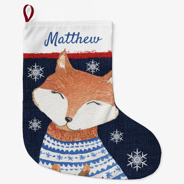 Niedlicher Red Fox in Blue White Sweater Schneeflo Großer Weihnachtsstrumpf (Vorderseite)