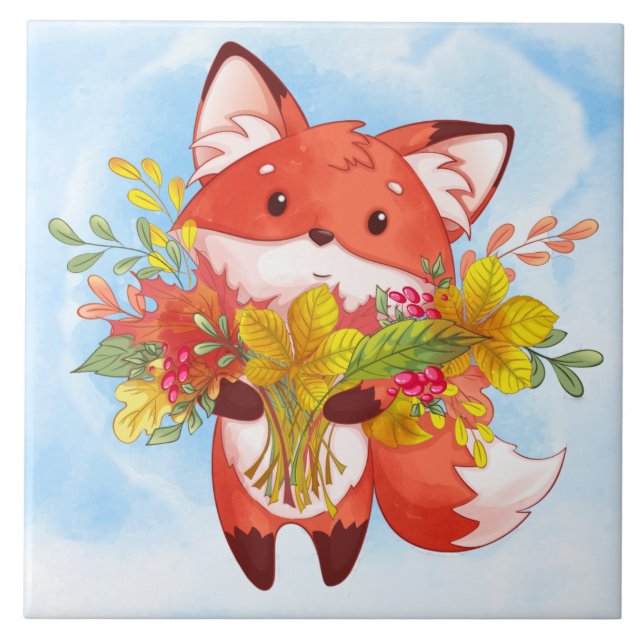 Niedlicher Red Fox mit Herbstlauben Fliese (Vorderseite)