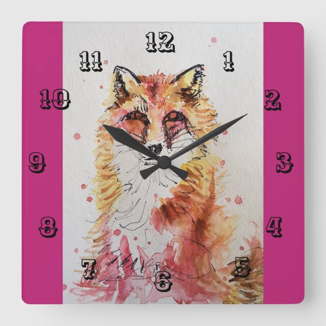 Niedlicher Red Fox Watercolor Kinderspielraum Uhr (Vorderseite)