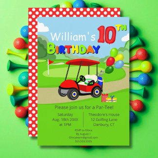 Niedlicher Red Golf Cart Boy's zum 10. Geburtstag Einladung