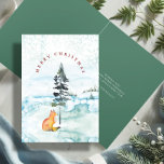 Niedlicher Red & Green Fox Weihnachten<br><div class="desc">Diese bezaubernde Waldurlaubskarte zeigt einen wunderschönen Aquarellfuchs unter einem Kiefernwald auf einem schneebedeckten Feld. Ein schneebedeckter Bauernhof in Weiß- und Blautönen. Die Worte "Frohe Weihnachten" sind elegant über die Szene in klassischer Typografie gewölbt. Im Inneren bietet ein tiefgrünes Jägergrün den Hintergrund für Ihren personalisierten Gruß in Weiß. Passen Sie den...</div>