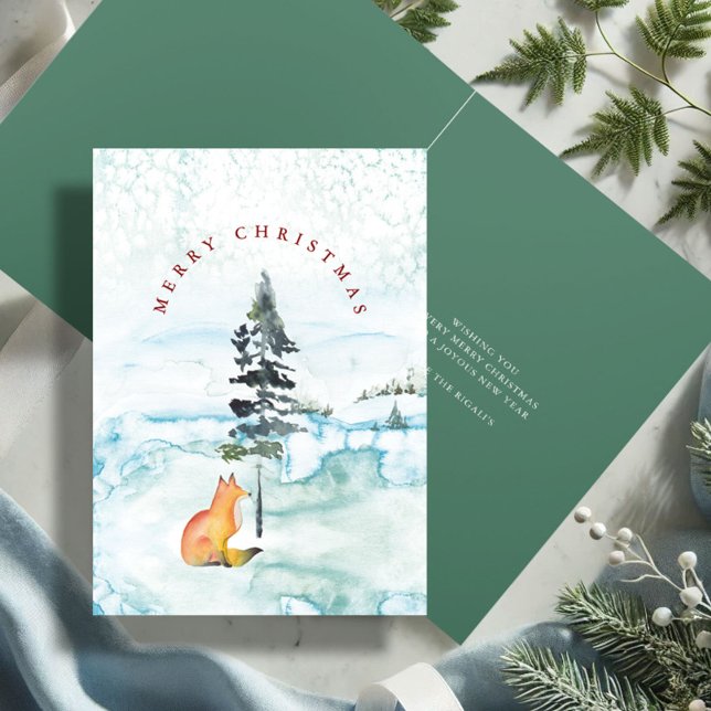 Niedlicher Red & Green Fox Weihnachten (Cute Christmas cards watercolor fox and pine tree art by Victoria Grigaliunas Do Tell A Belle)