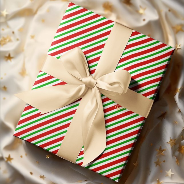 Niedlicher Red Green Strip Goldtext Geschenkpapier (Cute Christmas Red Green White Stripes Gold Text Wrapping Paper)