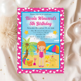 Niedlicher Red Hair Girl Beach Kindergeburtstag Einladung