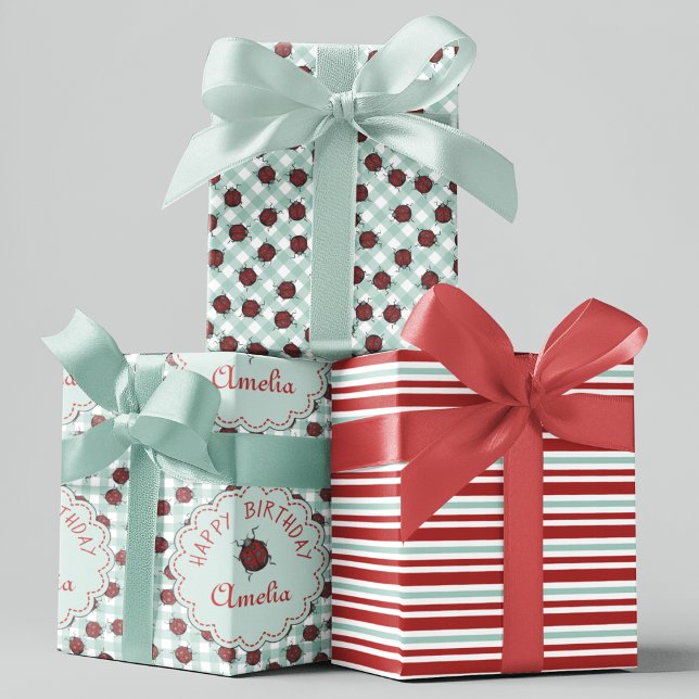 Niedlicher Red Ladybug Personalisierter Kindergebu Geschenkpapier Set (Colorful Ladybugs Custom Gift Wrap. Editable Text. Hand-Drawn Ladybug Beetles on Turquoise Gingham.)
