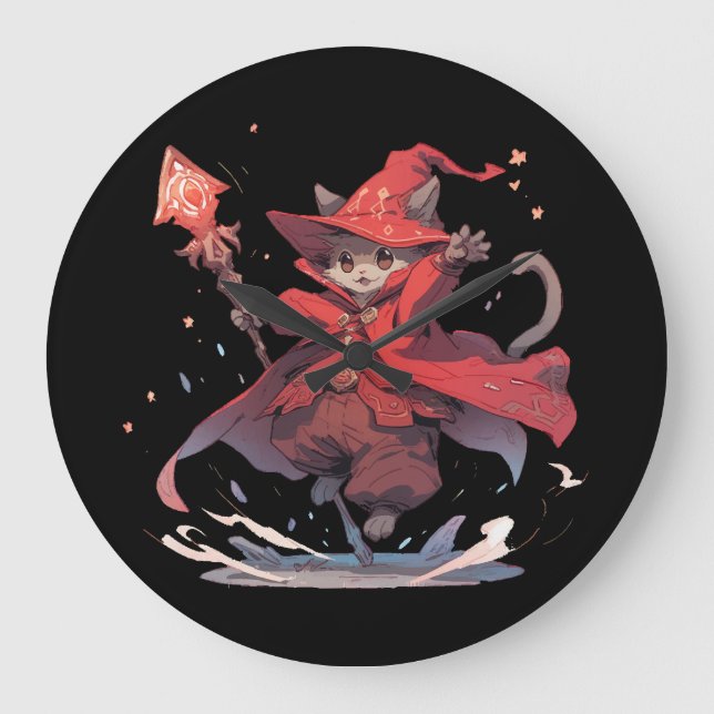 Niedlicher Red Mage Cat Hero Große Wanduhr (Vorderseite)