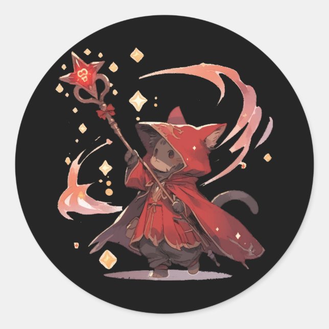 Niedlicher Red Mage Cat Hero Runder Aufkleber (Vorderseite)