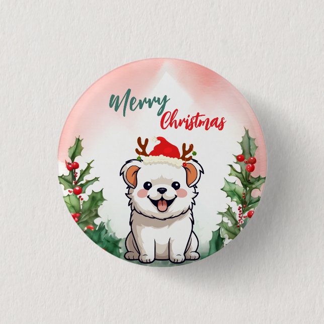 Niedlicher Red Merry Weihnachtshund Welpe Weihnach Button (Vorderseite)