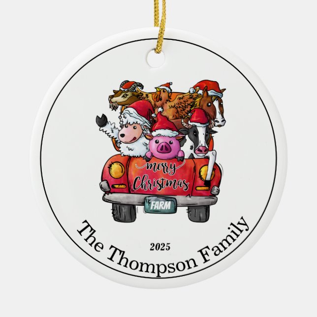 Niedlicher Red Truck Weihnachtsname Landtiere Keramik Ornament (Vorne)