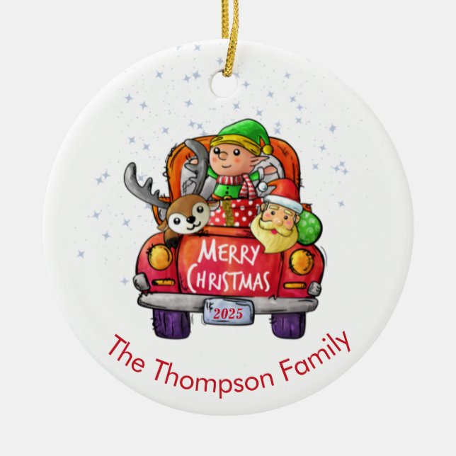 Niedlicher Red Truck Weihnachtsname Santa Elf Rein Keramik Ornament (Vorne)