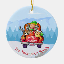 Niedlicher Red Truck Weihnachtsschnee Santa Elf Re Keramik Ornament