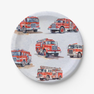 Niedlicher Red Watercolor Feuerwehrfahrzeug-Motor Pappteller
