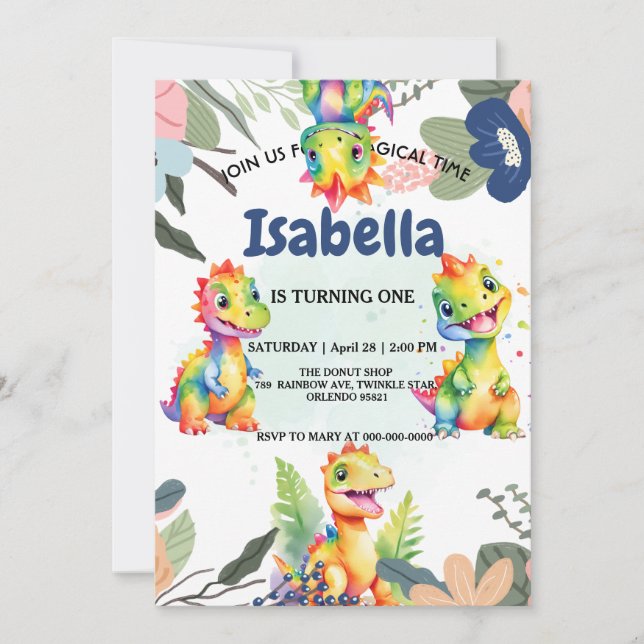 Niedlicher Regenbogen Dinosaur Happy Birthday Part Einladung (Vorderseite)