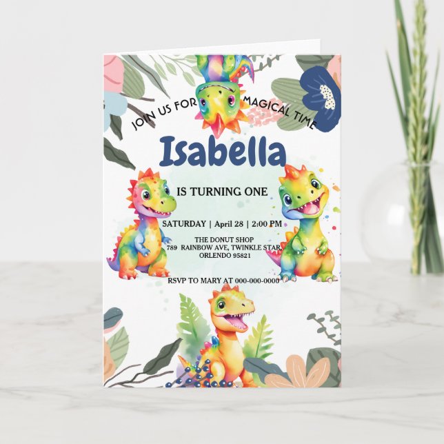 Niedlicher Regenbogen Dinosaur Happy Birthday Part Einladung (Vorderseite)