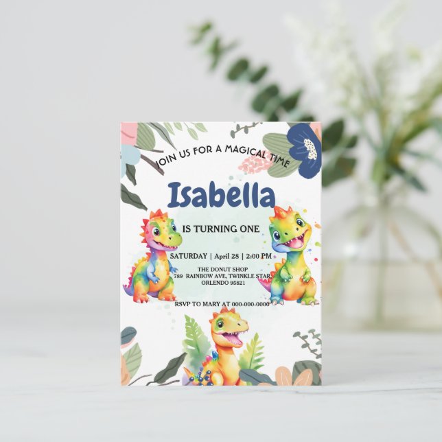 Niedlicher Regenbogen Dinosaur Happy Birthday Part Postkarte (Stehend Vorderseite)