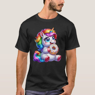 Niedlicher Regenbogen Einhorn Eating Donut Lover F T-Shirt
