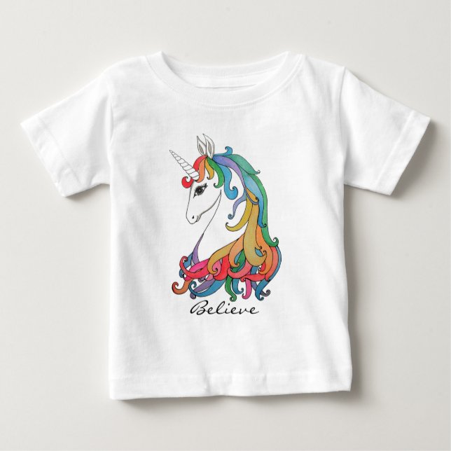 Niedlicher Regenbogen-Einhorn in Wasserfarbe Baby T-shirt (Vorderseite)