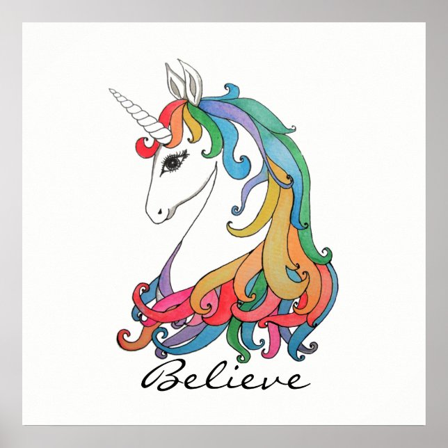 Niedlicher Regenbogen-Einhorn in Wasserfarbe Poster (Vorne)
