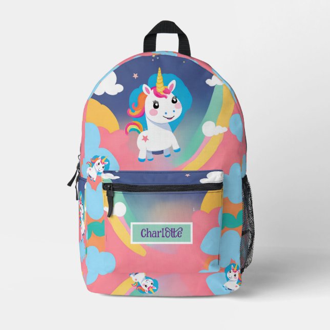 Niedlicher Regenbogen Einhorn Rosa Lila Gelb Bedruckter Rucksack (Vorderseite)