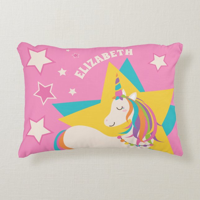 Niedlicher Regenbogen Einhorn Sterne Girly Pink In Dekokissen (Vorderseite)