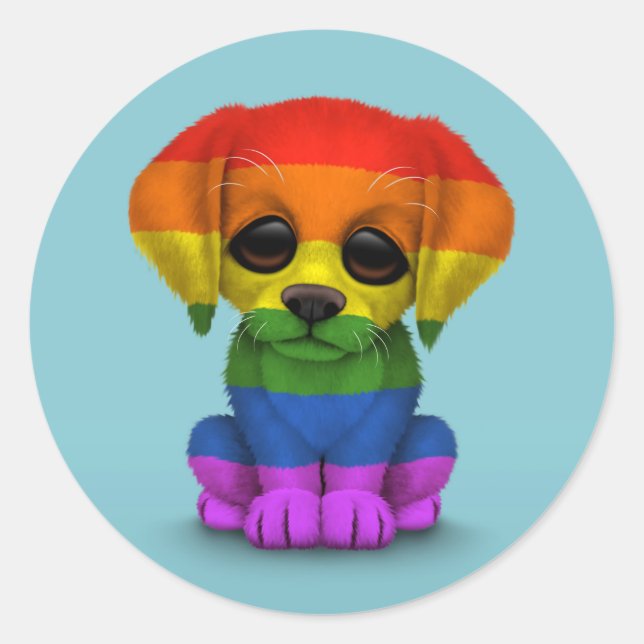 Niedlicher Regenbogen-Gay Pride Welpenhund, blau Runder Aufkleber (Vorderseite)