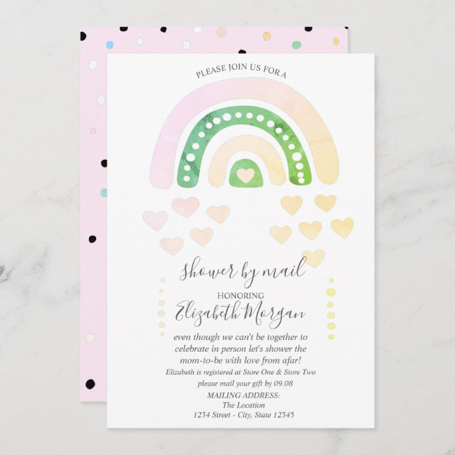 Niedlicher Regenbogen, Herz, Punkte, Kinderdusche  Einladung (Vorne/Hinten)