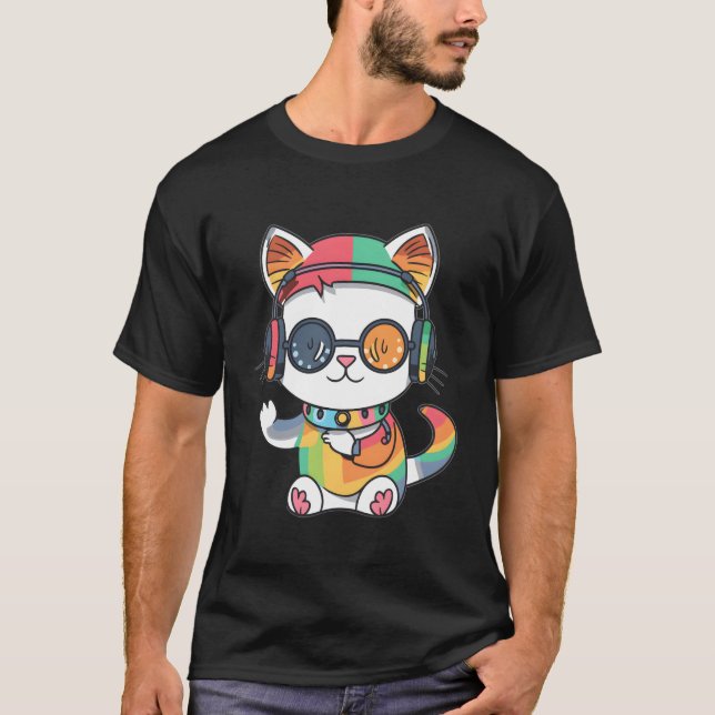 Niedlicher Regenbogen Katze Dj Techno Festival Rav T-Shirt (Vorderseite)