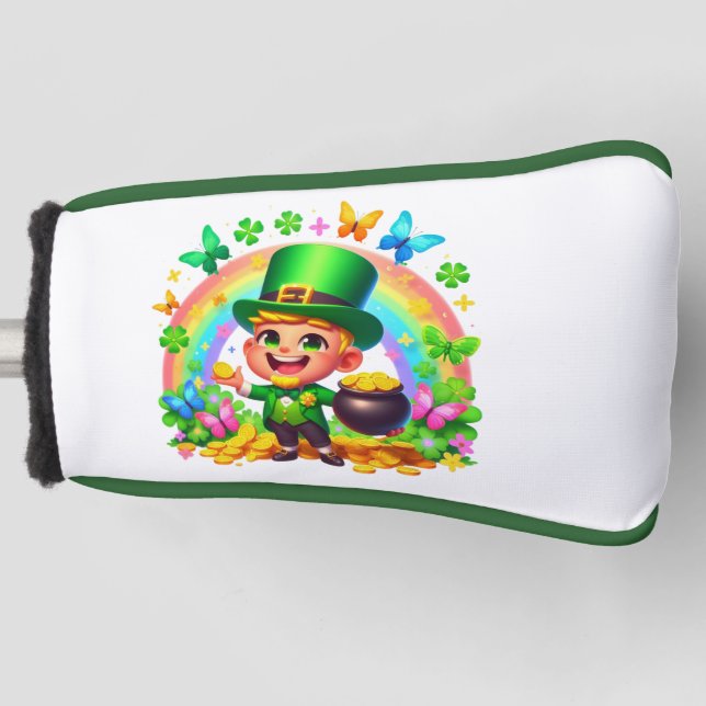 Niedlicher Regenbogen-Leprechaun mit Gold Golf Headcover (Vorderseite)