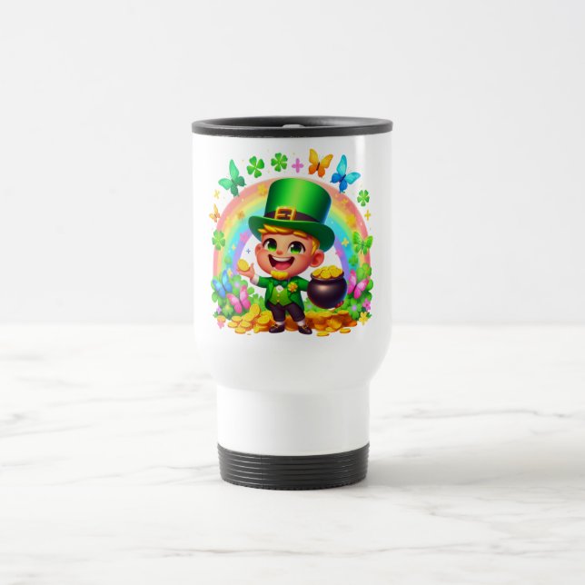 Niedlicher Regenbogen-Leprechaun mit Gold Reisebecher (Mittel)