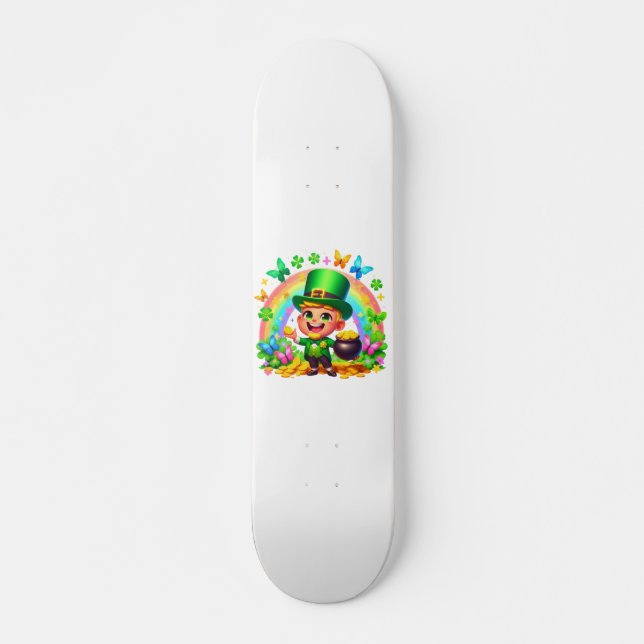 Niedlicher Regenbogen-Leprechaun mit Gold Skateboard (Vorne)