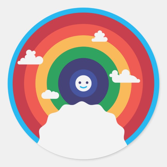 Niedlicher Regenbogen mit glücklicher Sonne Runder Aufkleber (Vorderseite)