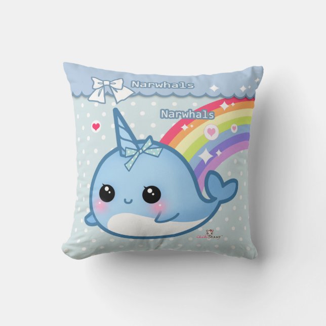 Niedlicher Regenbogen narwhal auf den weißen u. Kissen (Vorderseite)