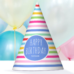 Niedlicher Regenbogen Streifen Happy Birthday Blue Partyhütchen