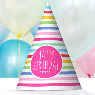 Niedlicher Regenbogen Streifen Happy Birthday Pink Partyhütchen