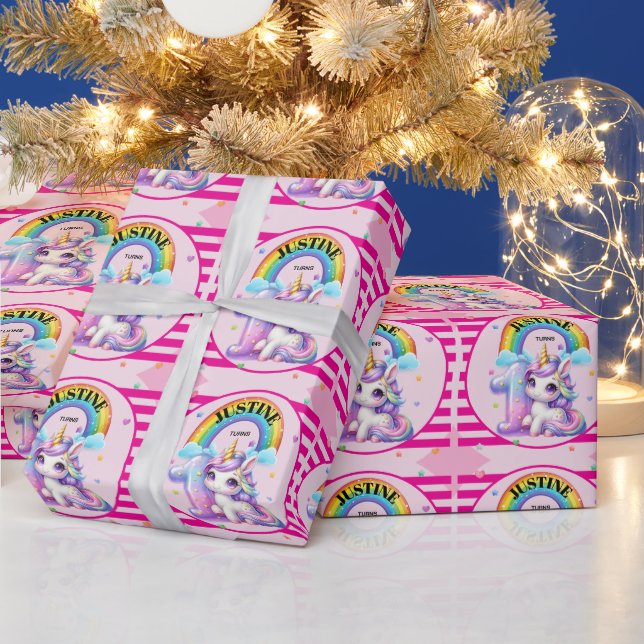 Niedlicher Regenbogen und Einhorn 1. Geburtstag Geschenkpapier (Feiertage)