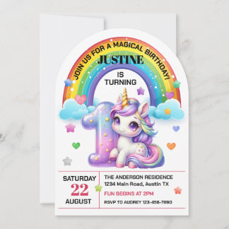 Niedlicher Regenbogen und Einhorn 1. Geburtstag Pa Einladung