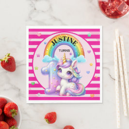 Niedlicher Regenbogen und Einhorn 1. Geburtstag Serviette