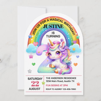 Niedlicher Regenbogen und Einhorn 2. Geburtstag Pa Einladung
