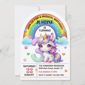 Niedlicher Regenbogen und Einhorn 3. Geburtstag Pa Einladung