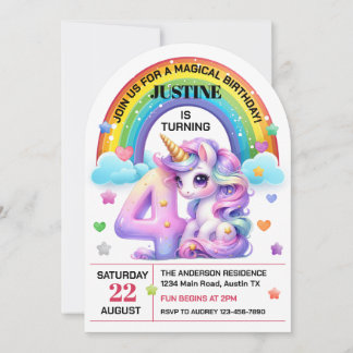 Niedlicher Regenbogen und Einhorn 4. Geburtstag Pa Einladung