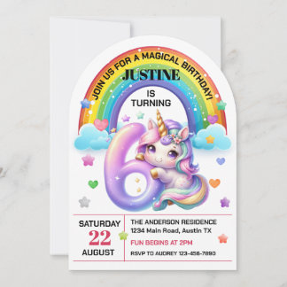 Niedlicher Regenbogen und Einhorn 6. Geburtstagspa Einladung