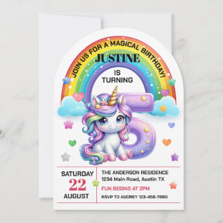 Niedlicher Regenbogen und Unicorn 5. Geburtstagspa Einladung